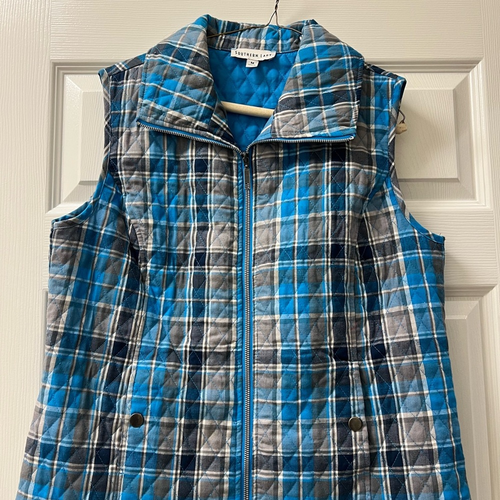 Southern Lady Fall Turquoise and Gray Plaid Vest - size Medium